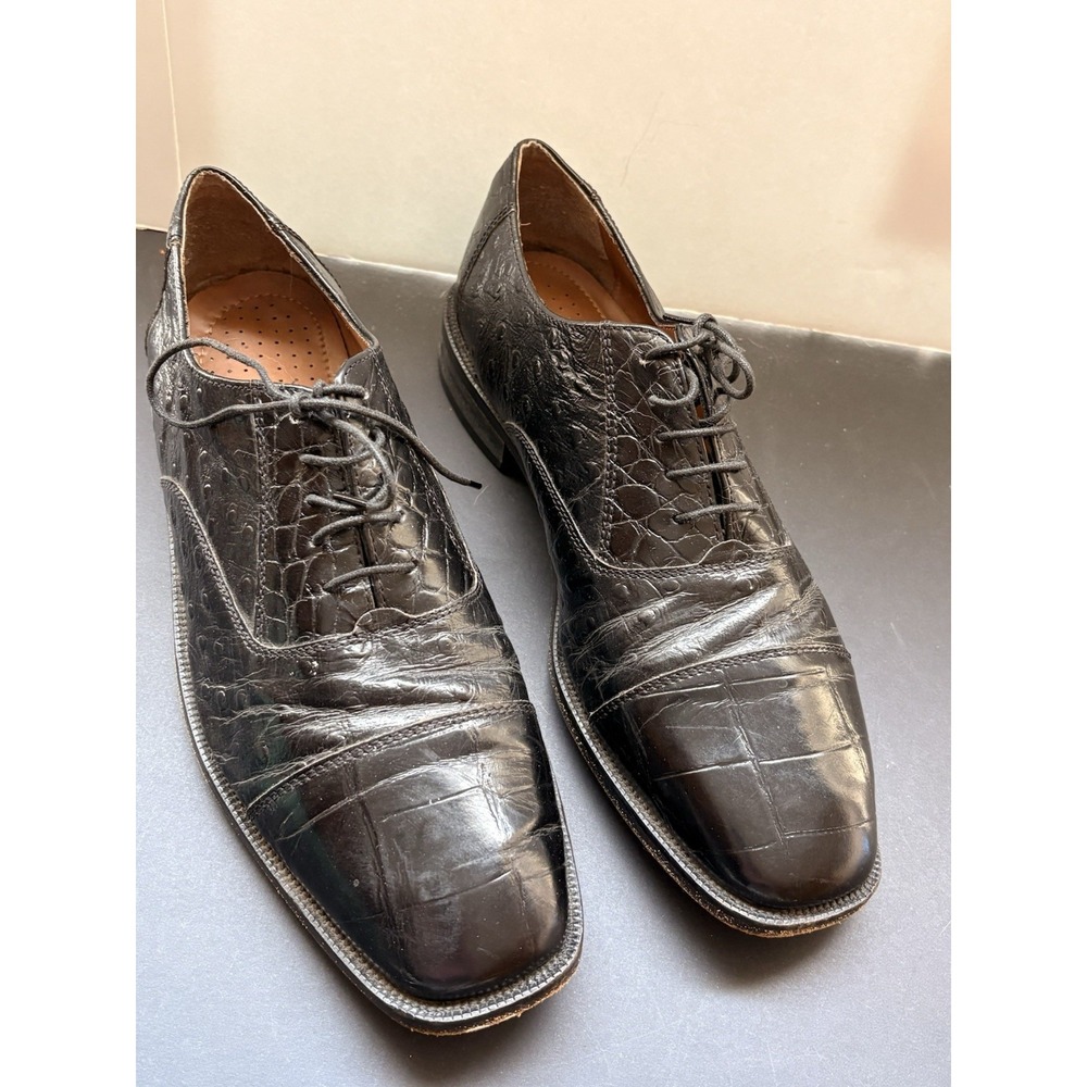 STACY ADAMS Wingtip Oxford Shoes 8.5 Black Ostrich Print Leather Dress Men‎